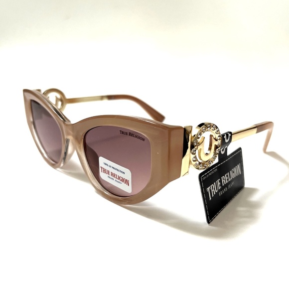New Original TRUE RELIGION Cat Eye Sunglasses Beige Acetate Gold Logo Rhinestone main image 4